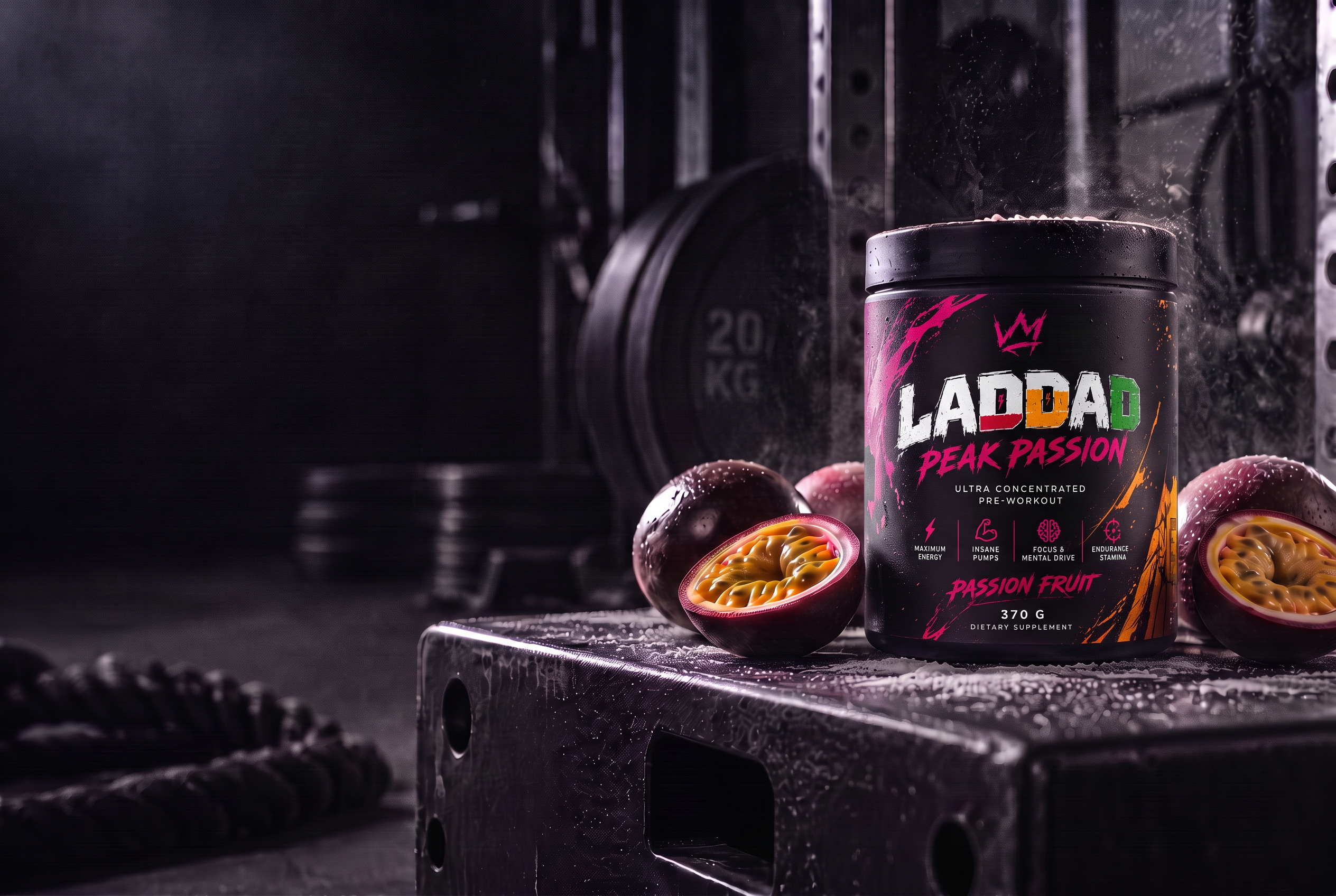 LADDAD Peak Passion-burk med färska passionsfrukter i gymmiljö